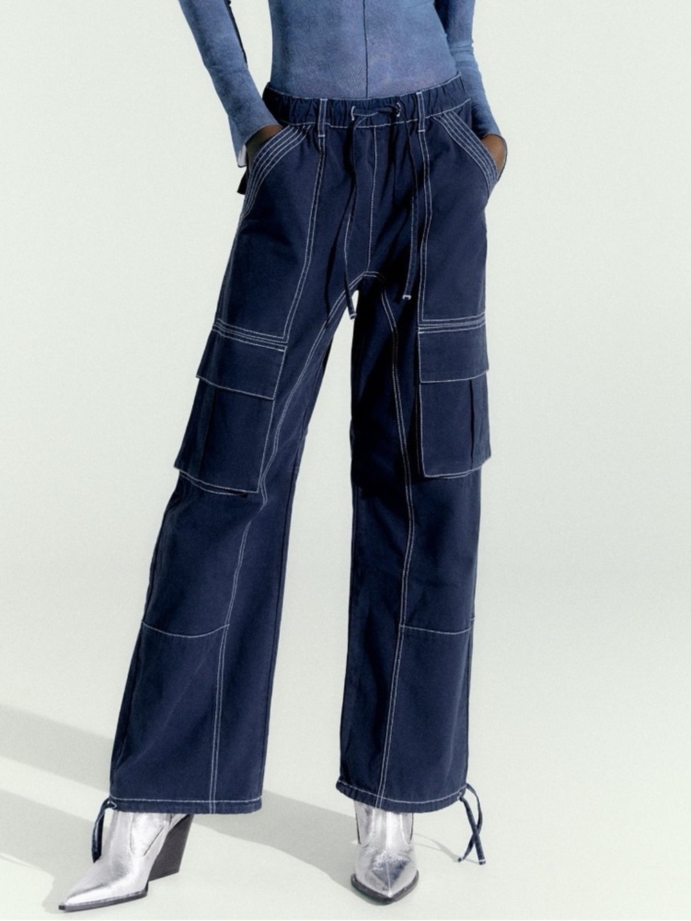 Zara Cargo Contrast Stitch Pants in Navy